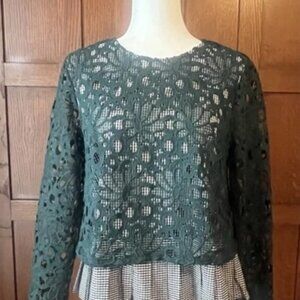 Anthropologie Maeve Gabriella Green Lace & Gingham Top Long Sleeve Size Small